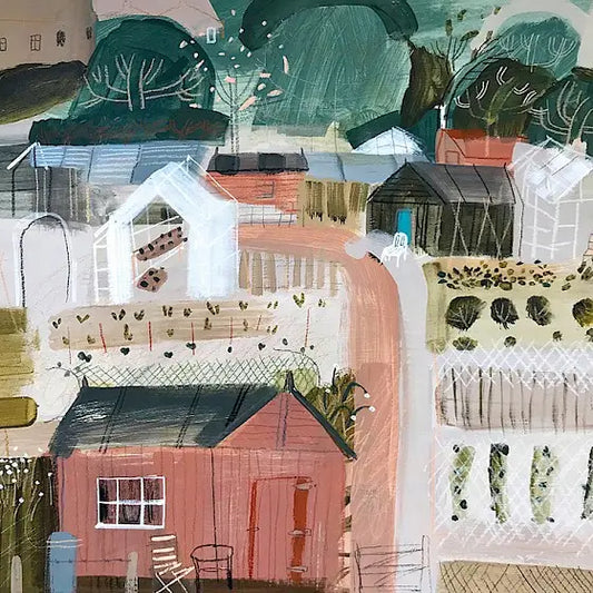 Blue Door Shed greetings card by Janine Burrows