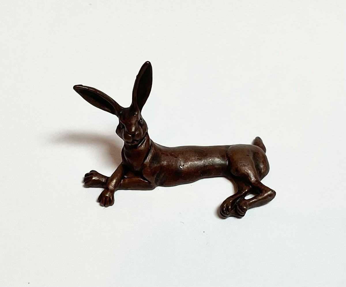 David. Meredith miniature lying hare   bronze sculpture